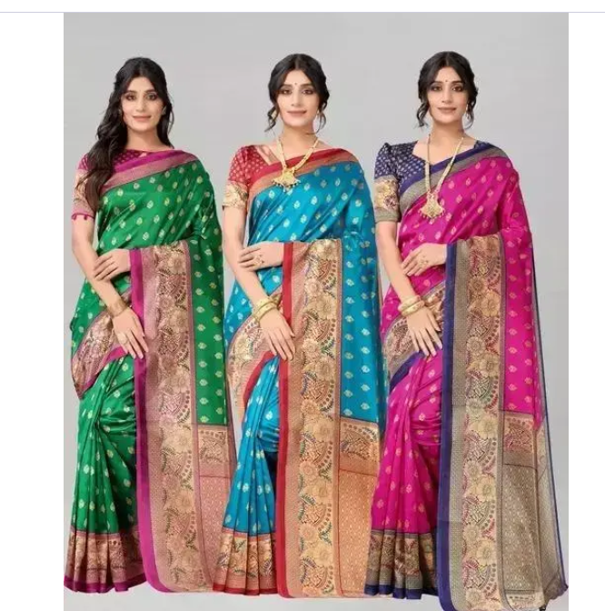 Poly Silk Combo Saree With Blouse Piece (3 packs)