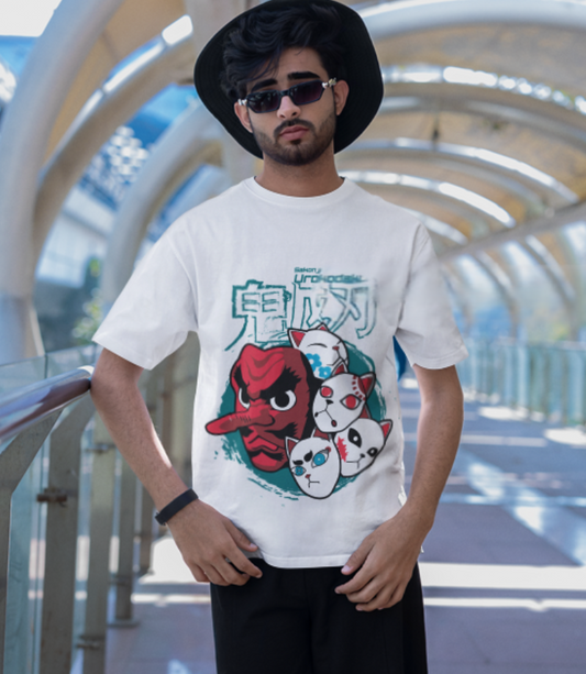 Demon Slayer Cat Mask T-Shirt - 猫化け (Nekobake) Anime Tee - Kimetsu no Yaiba Funny Cat Pillar Design